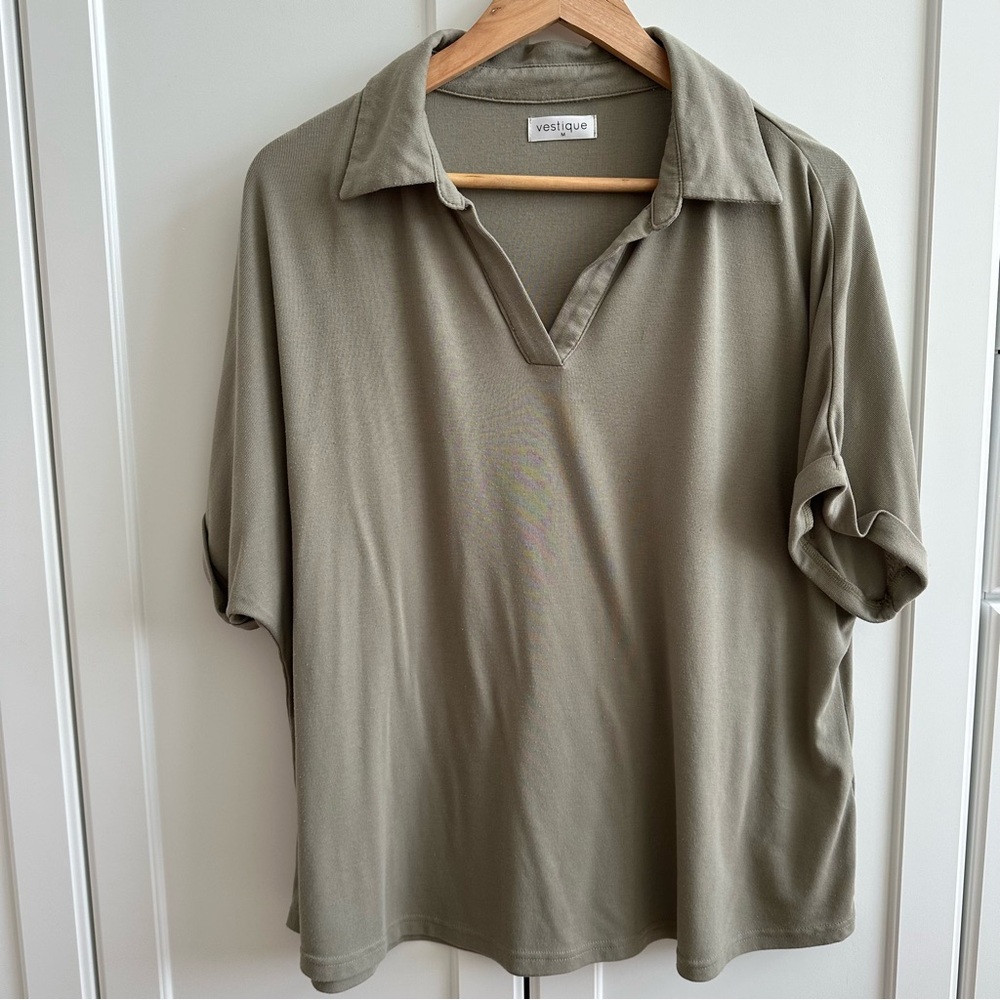 Vestique Boutique Olive Green Oversized Short Sleeve Shirt With Collar